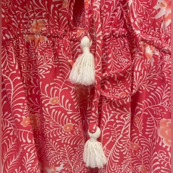 BeachGold Flowy flattering red Floral short sleeve elasticized drawstring Romper - Picture 9 of 12